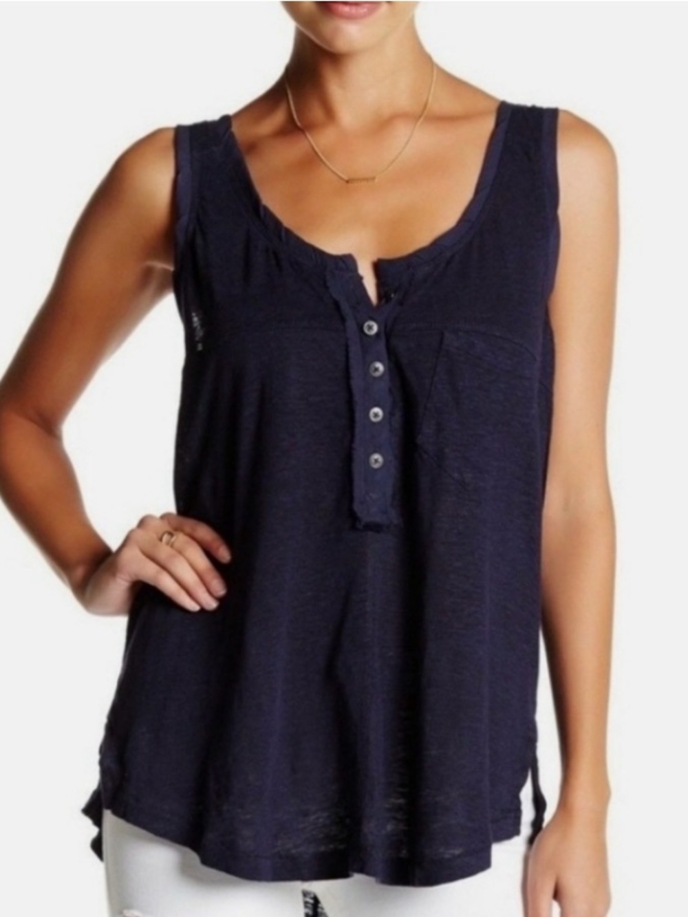 Free People Women's Traveler Tank Top Linen Henley Blue M